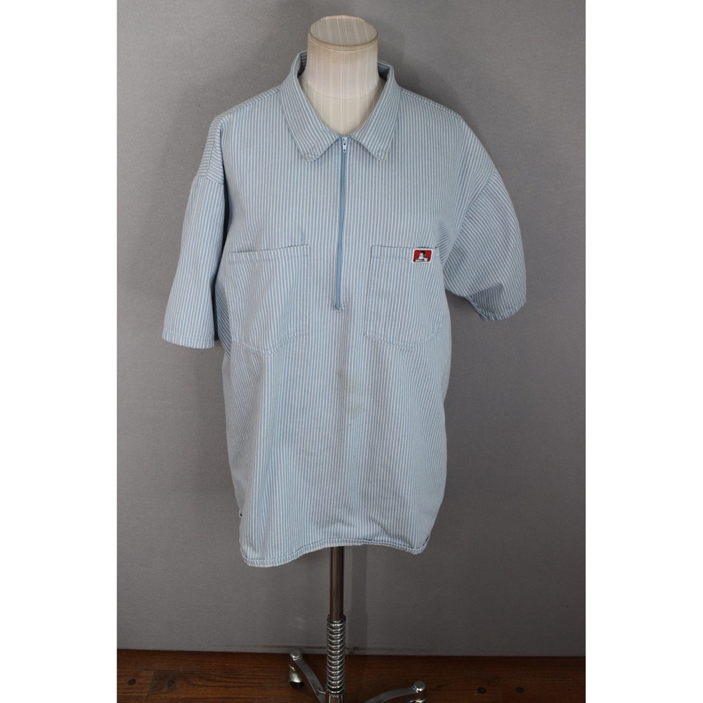 Ben Davis Work Shirt XL Blue White Stripe Half Zip Short Sleeve Streetwear READ